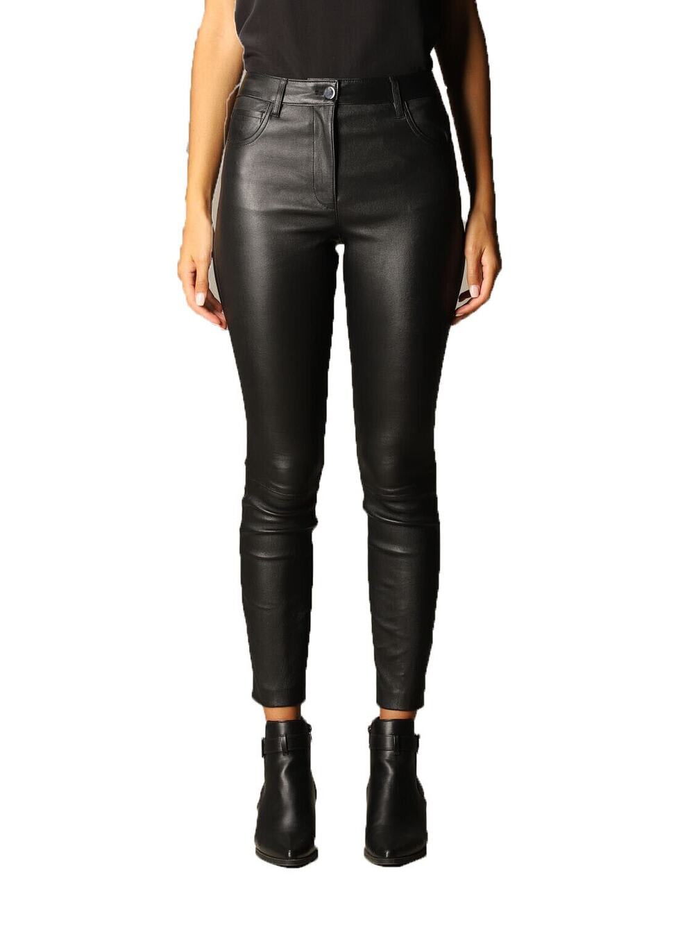 THEORY Women's Trousers High Waist Jean Leather Bristol Solid Black, Size 2